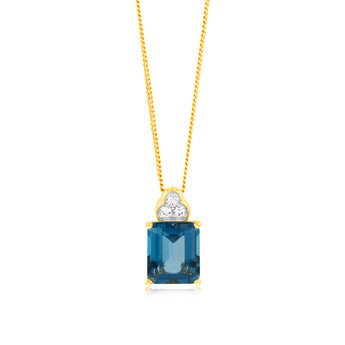 9ct Gold 5.6ct London Blue Topaz in Emerald Cut and 1/10 Carat Diamond Pendant