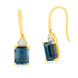 9ct Yellow White Gold 5.6ct London Blue Topaz Emerald Cut with 1/10 Carat Diamond Drop Earrings