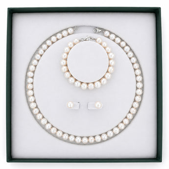 White Freshwater Pearl Bracelet, Necklace & Earring Set with Sterling Silver Clasp