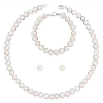 White Freshwater Pearl Bracelet, Necklace & Earring Set with Sterling Silver Clasp