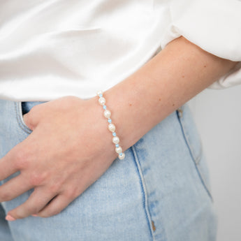 White Freshwater Pearl Bracelet with Blue & Silver Beads in Sterling Silver
