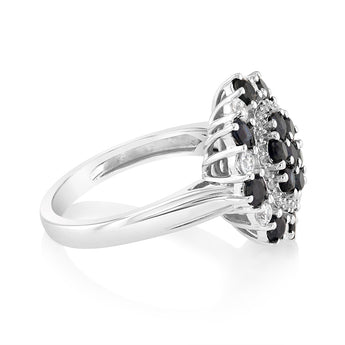 Sterling Silver 1.44Ct Natural Blue Sapphire with 34White Zirconia Ring