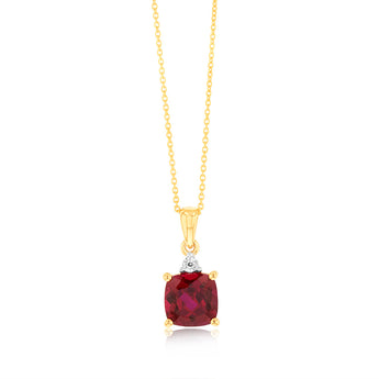9ct Yellow Gold 2ct Created Ruby and Diamond Pendant On 45cm Chain