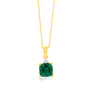 9ct Yellow Gold 1.35 Carat Created Emerald and Diamond Pendant On 45cm Chain