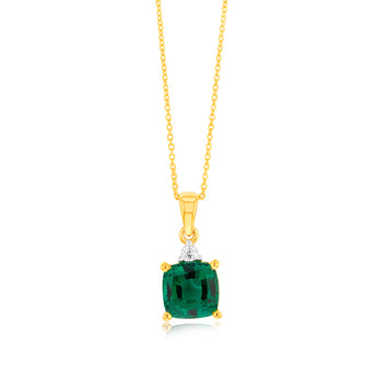 9ct Yellow Gold 1/3ct Created Emerald and Diamond Pendant On 45cm Chain