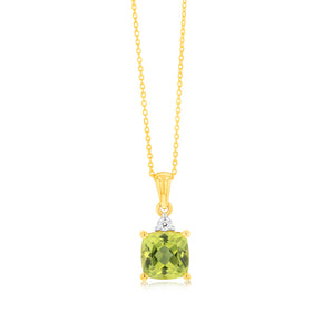 9ct Yellow Gold 1.7ct Peridot and Diamond Pendant On 45cm Chain