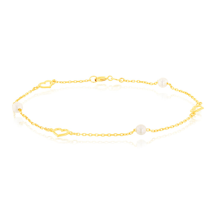 9ct Yellow Gold 19.10cm Heart and Pearl Bracelet