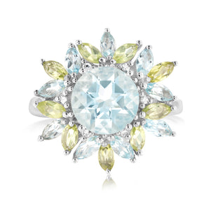 Sterling Silver Sky Blue Topaz & Peridot Ring with Diamonds