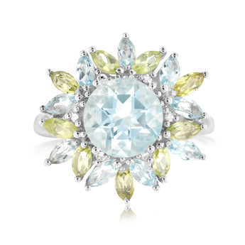 Sterling Silver 2.41 Carat Sky Blue Topaz, 0.80ct Peridot & 6Diamonds Ring