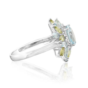 Sterling Silver Sky Blue Topaz & Peridot Ring with Diamonds