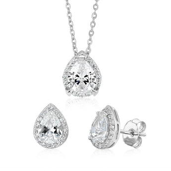 Natural White Sapphire Pear Shaped Pendant and Earring Set Sterling Silver