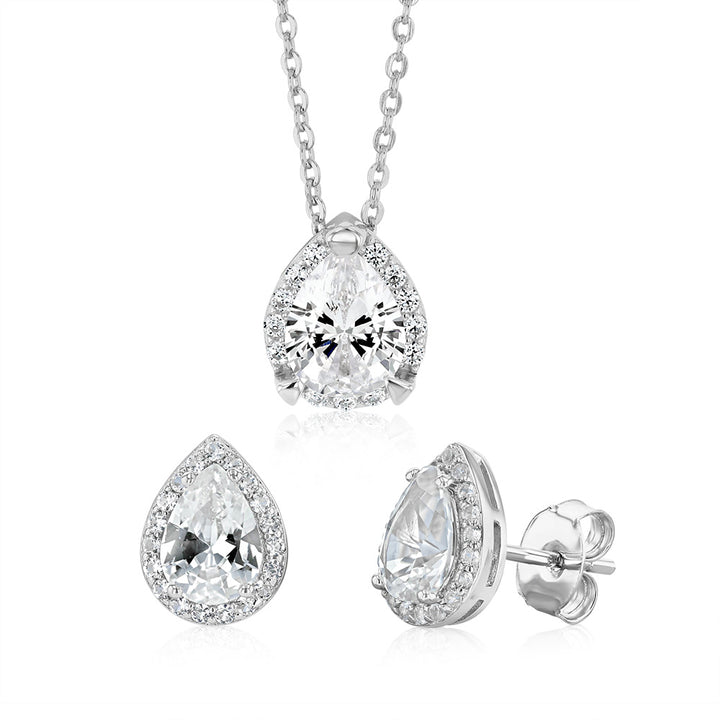 Natural White Sapphire Pear Shaped Pendant and Earring Set Sterling Silver