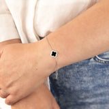 Clover Black Agate And White Cubic Zirconia 19cm Bracelet in Sterling Silver Rhodium Plated