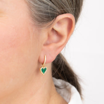 Malachite & Cubic Zirconia Heart Hoop Drop Earrings in Gold Plated Silver
