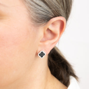 Clover Black Agate & White Cubic Zirconia Stud Earrings in Sterling Silver Rhodium Plated