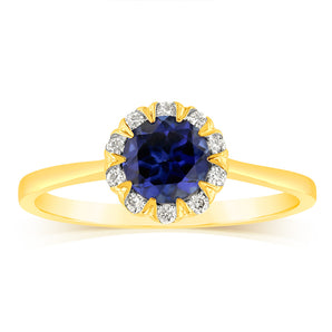 1 Carat Created Sapphire and Diamond Ring in 9ct Yellow Gold