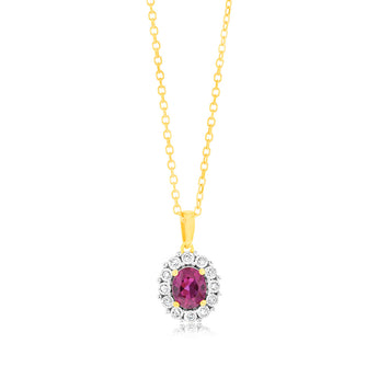 0.39 Carat Created Ruby Oval Shaped and Diamond Pendant with 45cm Chain in 9ct Yellow Gold