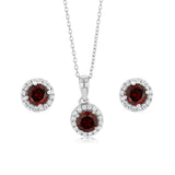 Natural Garnet and White Zirconia Earring and Pendant Set on Chain in Sterling Silver