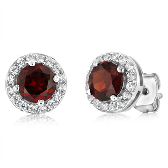 Natural Garnet and White Zirconia Earring and Pendant Set on Chain in Sterling Silver