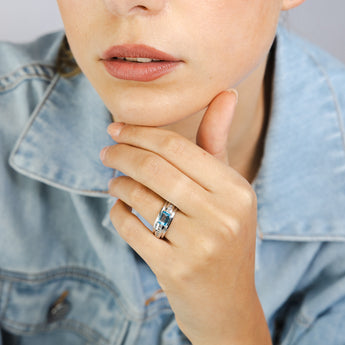 Natural Blue Topaz and 1/6 Carat Diamond Ring in 9ct White Gold