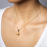 11-12MM Golden South Seal Pearl Pendant with 3 Diamonds in 9ct Yellow Gold on 45cm Chain