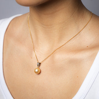 11-12MM Golden South Seal Pearl Pendant with 3 Diamonds in 9ct Yellow Gold on 45cm Chain