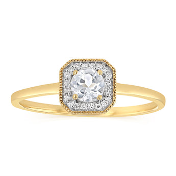 Created White Topaz and Diamond Ring in 9ct Yellow Gold