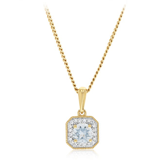 Created Aquamarine and Diamond Pendant in 9ct Yellow Gold