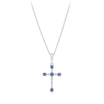 Natural Blue Sapphire and Diamonds Cross Pendant in 9ct White Gold