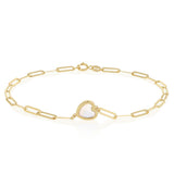 Mother of Pearl Heart Paperclip Bracelet in 9ct Yellow Gold