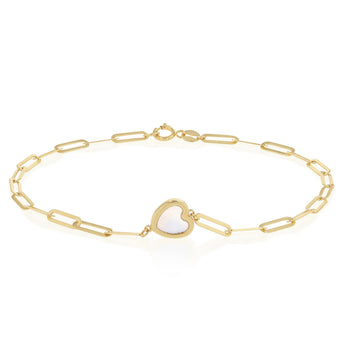 Mother of Pearl Heart Paperclip Bracelet in 9ct Yellow Gold