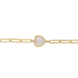 Mother of Pearl Heart Paperclip Bracelet in 9ct Yellow Gold