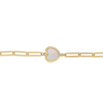 Mother of Pearl Heart Paperclip Bracelet in 9ct Yellow Gold