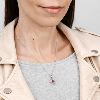 Natural Ruby and White Cubic Zirconia Pendant on Adjustable 50cm Chain in Sterling Silver