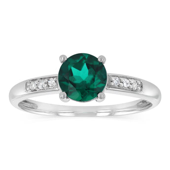 Created Emerald & Diamonds Ring in  Sterling Silver