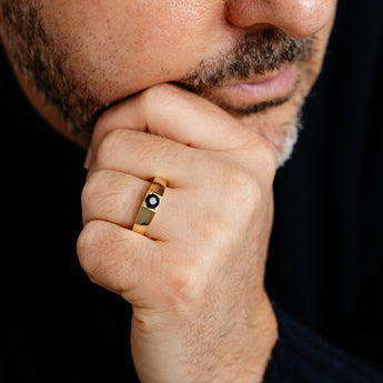 Natural Black Sapphire Gents Ring in Gold Plated Sterling Silver