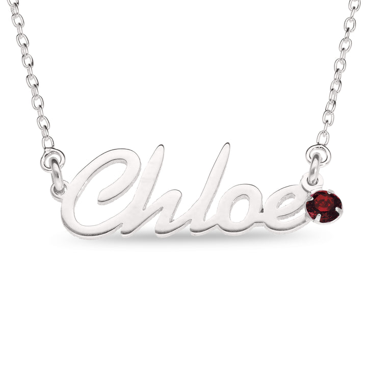 Personalised Sterling Silver Name Pendant with Birthstone on 40cm Chain