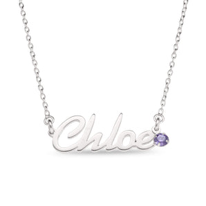 Personalised Sterling Silver Name Pendant with Birthstone on 40cm Chain