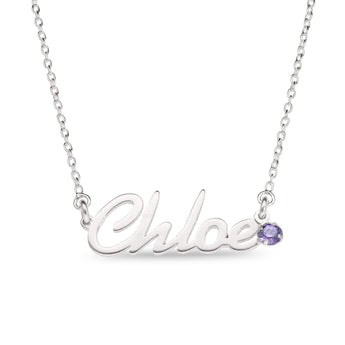 Personalised Sterling Silver Name Pendant with Birthstone on 40cm Chain