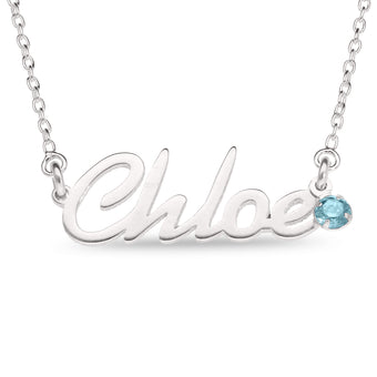 Personalised Sterling Silver Name Pendant with Birthstone on 40cm Chain