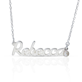 Personalised Sterling Silver Name Pendant with Birthstone on 40cm Chain