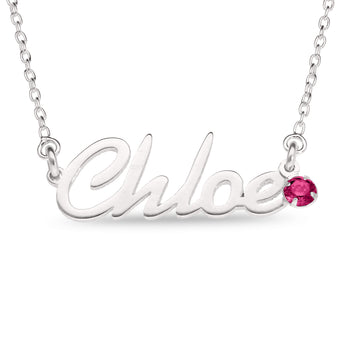 Personalised Sterling Silver Name Pendant with Birthstone on 40cm Chain