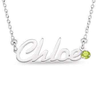 Personalised Sterling Silver Name Pendant with Birthstone on 40cm Chain