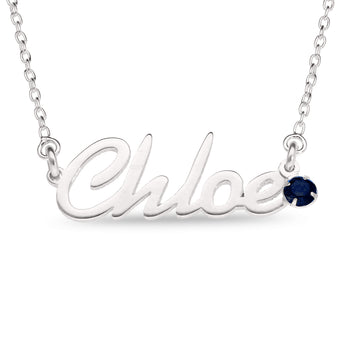 Personalised Sterling Silver Name Pendant with Birthstone on 40cm Chain