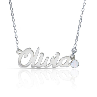 Personalised Sterling Silver Name Pendant with Birthstone on 40cm Chain