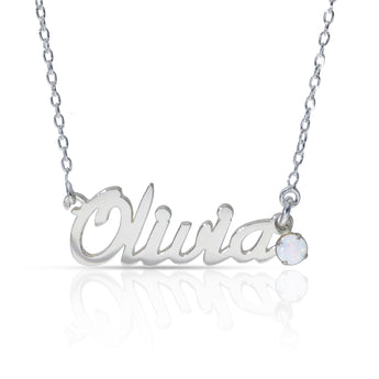 Personalised Sterling Silver Name Pendant with Birthstone on 40cm Chain