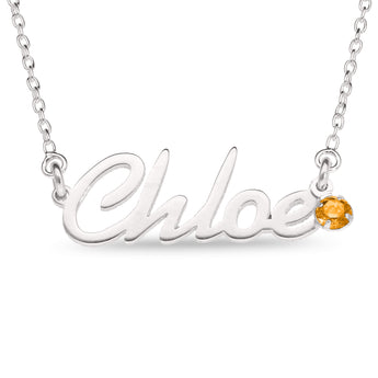 Personalised Sterling Silver Name Pendant with Birthstone on 40cm Chain