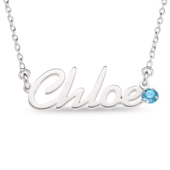 Personalised Sterling Silver Name Pendant with Birthstone on 40cm Chain