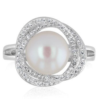 9-10mm White Freshwater Pearl and Cubic Zirconia Ring in Sterling Silver