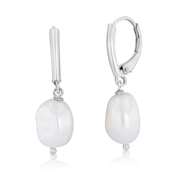 9.5-10.5mm White Baroque Freshwater Pearl Earrings in Sterling Silver